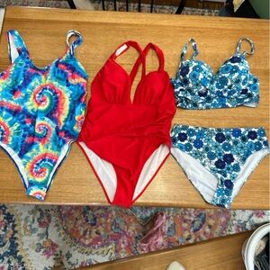 SHEIN Red One-Piece Swimsuit + Tie-Dye & Blue Floral Mix Bikini Set